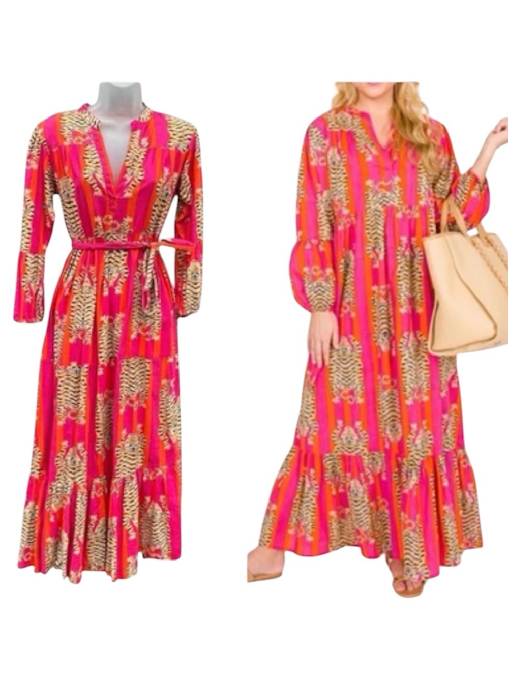 FOX & HEN Women Sz XS Pink Orange Tiger Stripe Pullover Long Sleeve Maxi Dress.